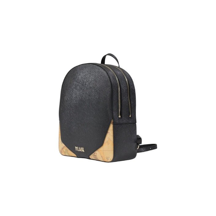 Side view of luxury italian backpack in black with distinctive Geo map pattern by Alviero Martini Prima Classe.
