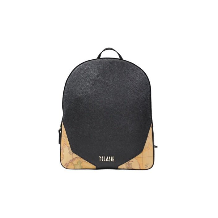 Front view of luxury italian backpack in black with distinctive Geo map pattern by Alviero Martini Prima Classe.