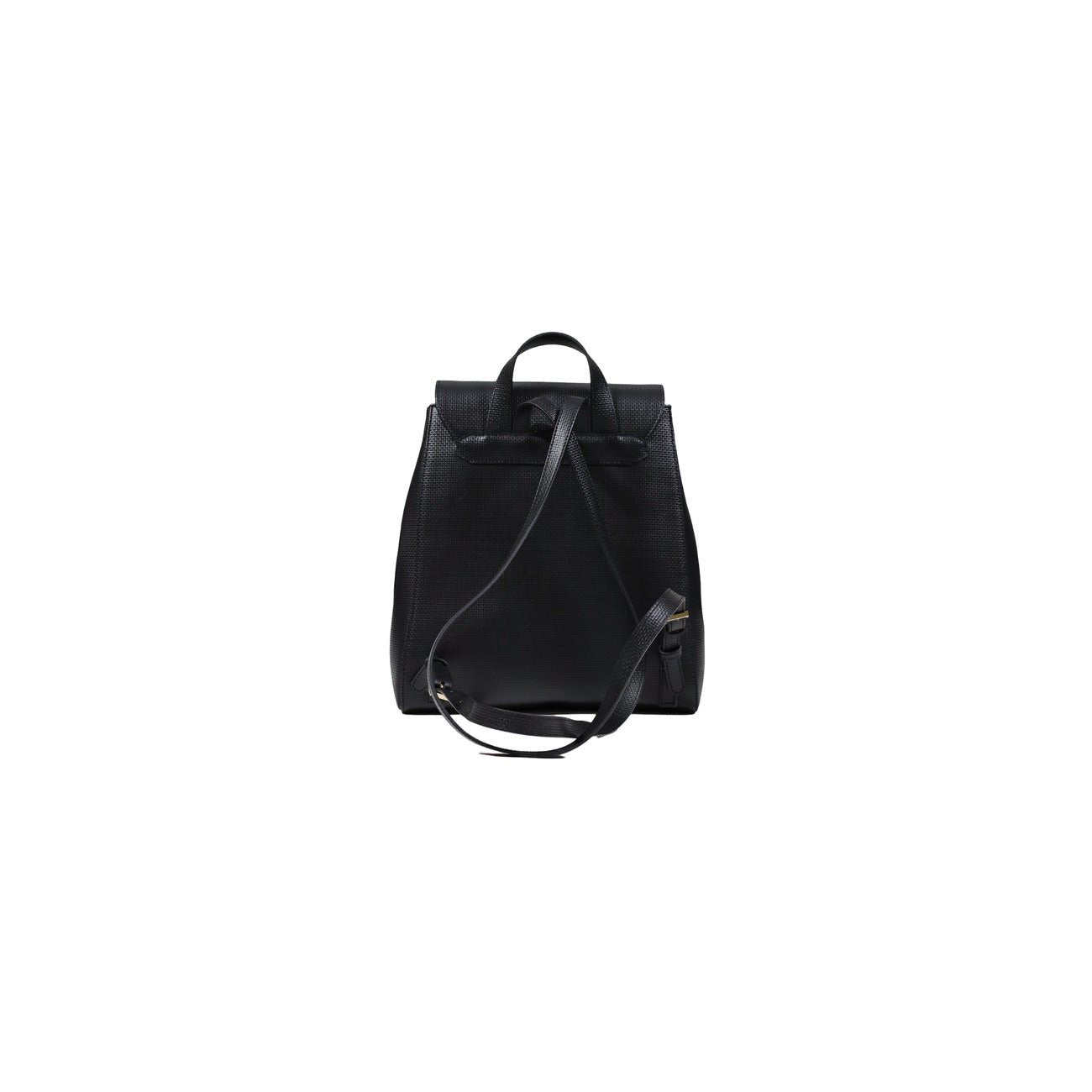 Alviero Martini Prima Classe black backpack with geo map print front pocket, back view.