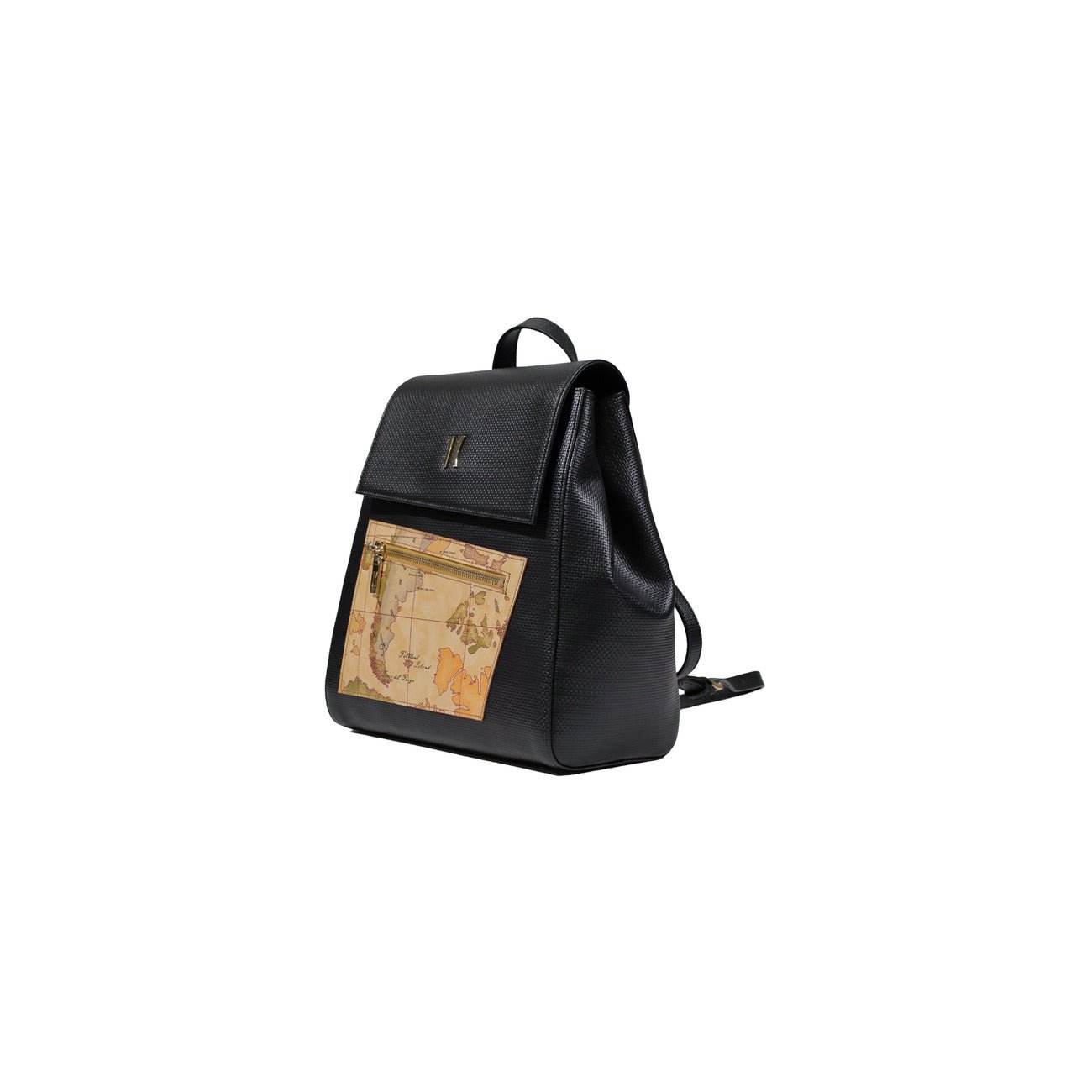 Alviero Martini Prima Classe black backpack with geo map print front pocket, side view.