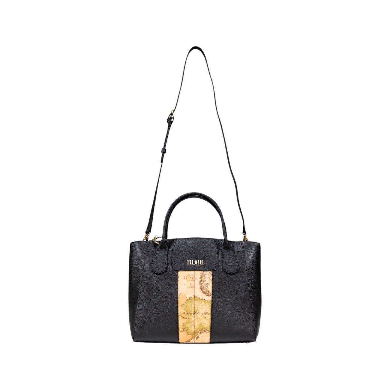 Alviero Martini Prima Classe Black Handbag with Geo Map Detail - street market Musa Italica