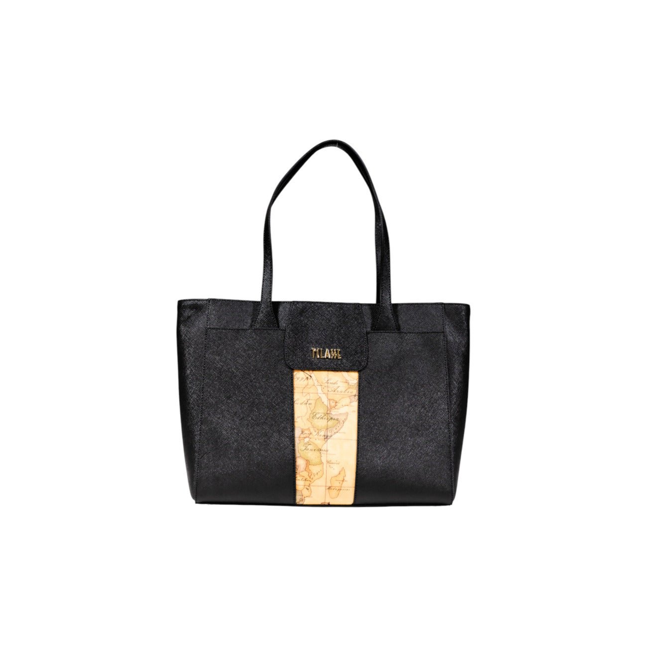 Alviero Martini Prima Classe Black Tote Bag with Geo Map Detail - street market Musa Italica