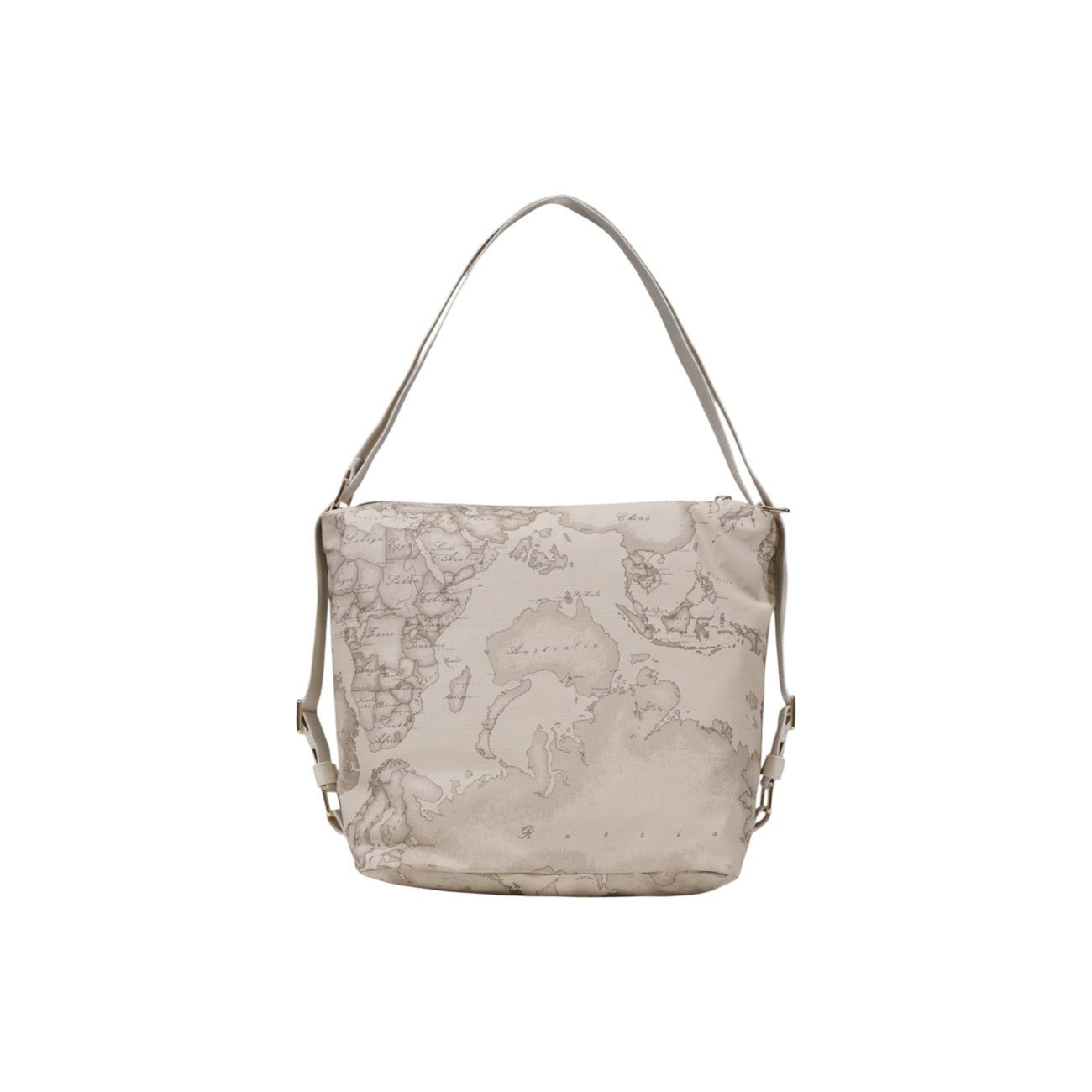 Back view of women’s beige geo map bag by Alviero Martini Prima Classe with adjustable shoulder strap.