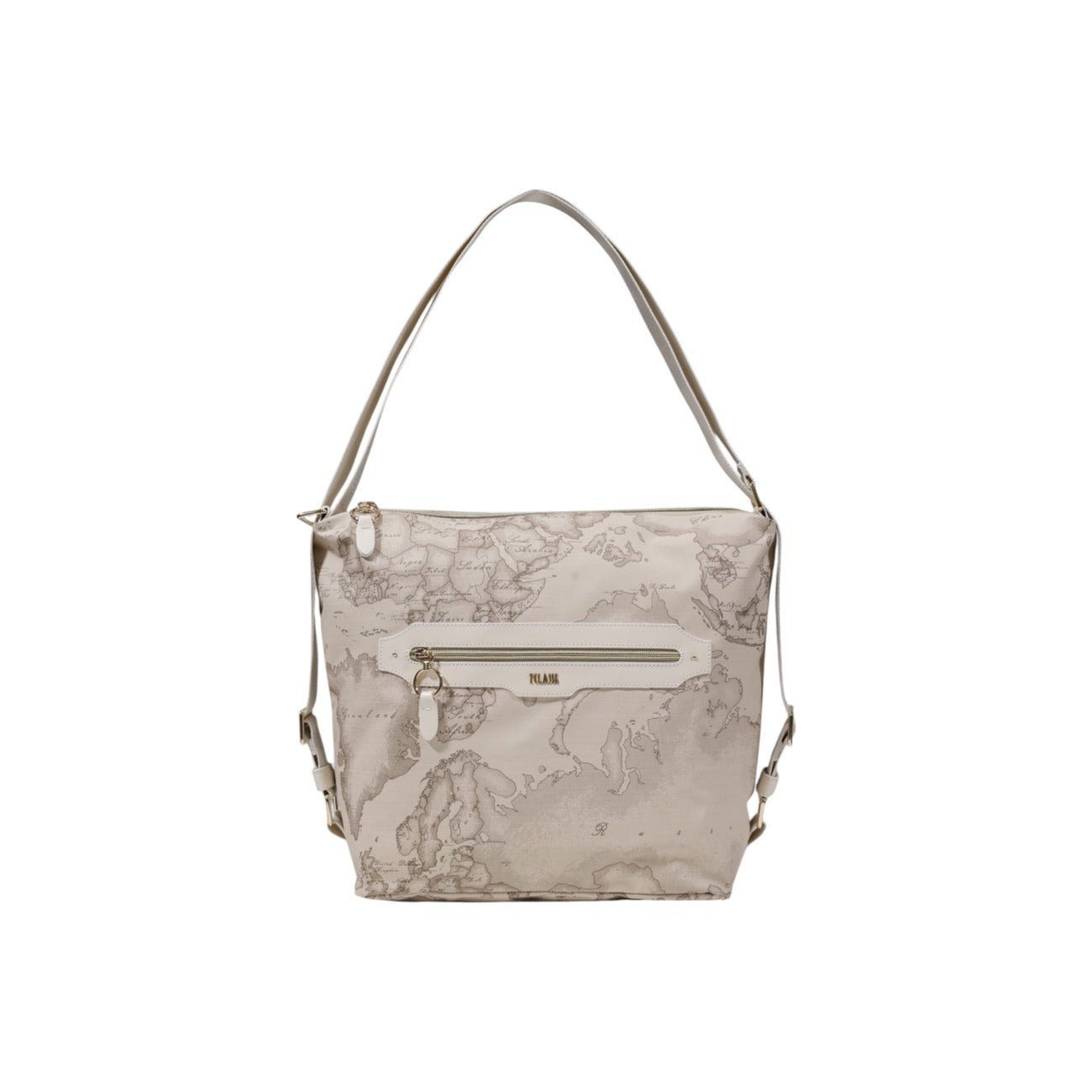 Fromt view of beige geo map shoulder bag featuring gold-tone zipper and logo by Alviero Martini Prima Classe.
