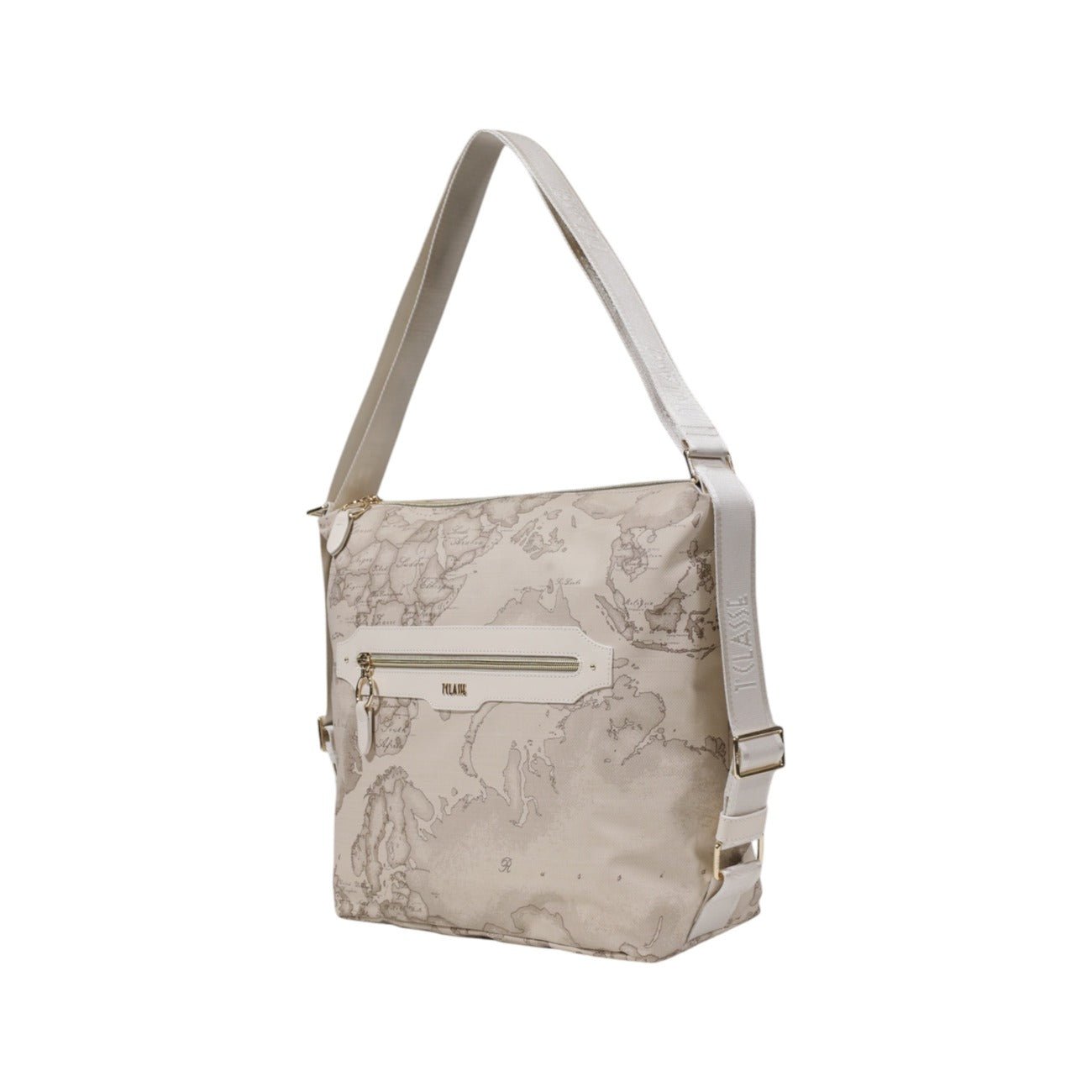 Alviero Martini Prima Classe beige shoulder bag with geo map print and zip closure, side view.