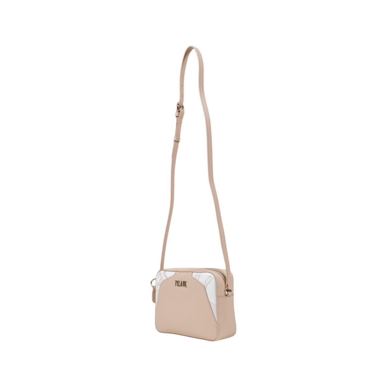 Alviero Martini Prima Classe pink crossbody bag with white Geo map details, side view.