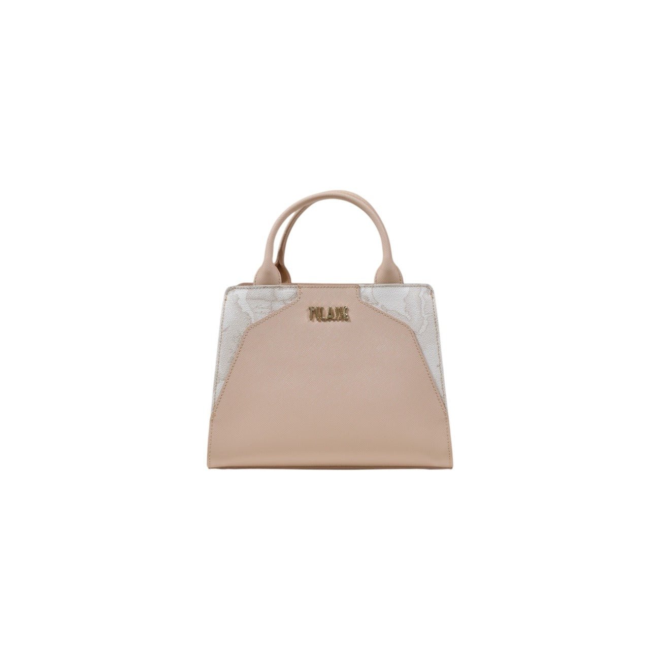Alviero Martini Prima Classe pink and white map print handbag with shoulder strap, front view.