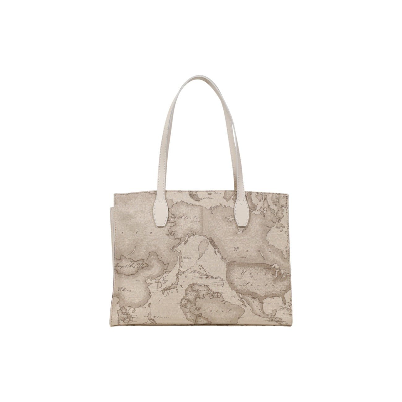 Alviero Martini Prima Classe beige tote bag with geo map print and dual top handles, back view.