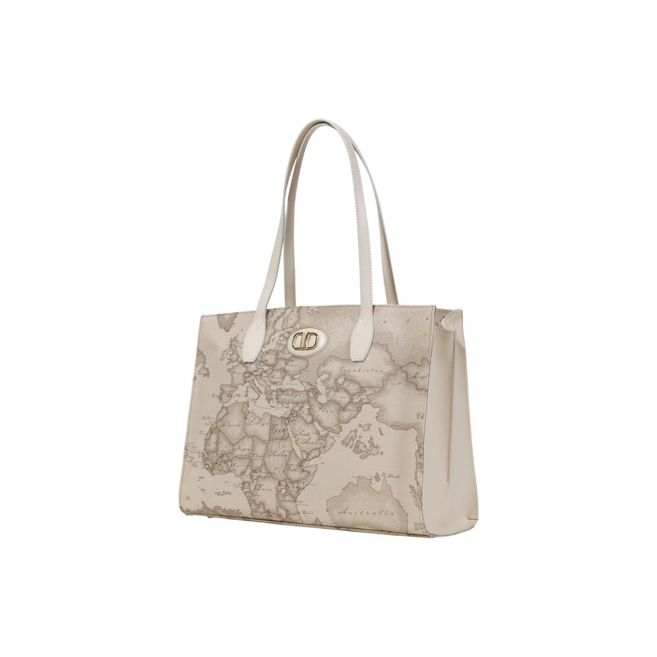 Alviero Martini Prima Classe beige tote bag with geo map print and dual top handles, side view.