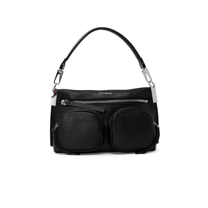 Coccinelle Solid Black Handbag – 100% Leather, Multi - Pocket Design - MADnITALY