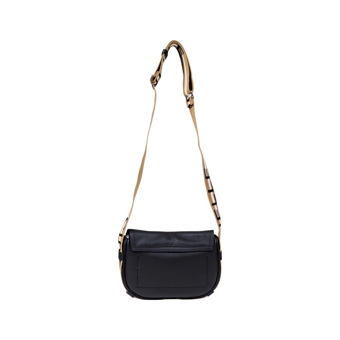 Back view of Coccinelle black leather crossbody with wide beige logo shoulder strap.