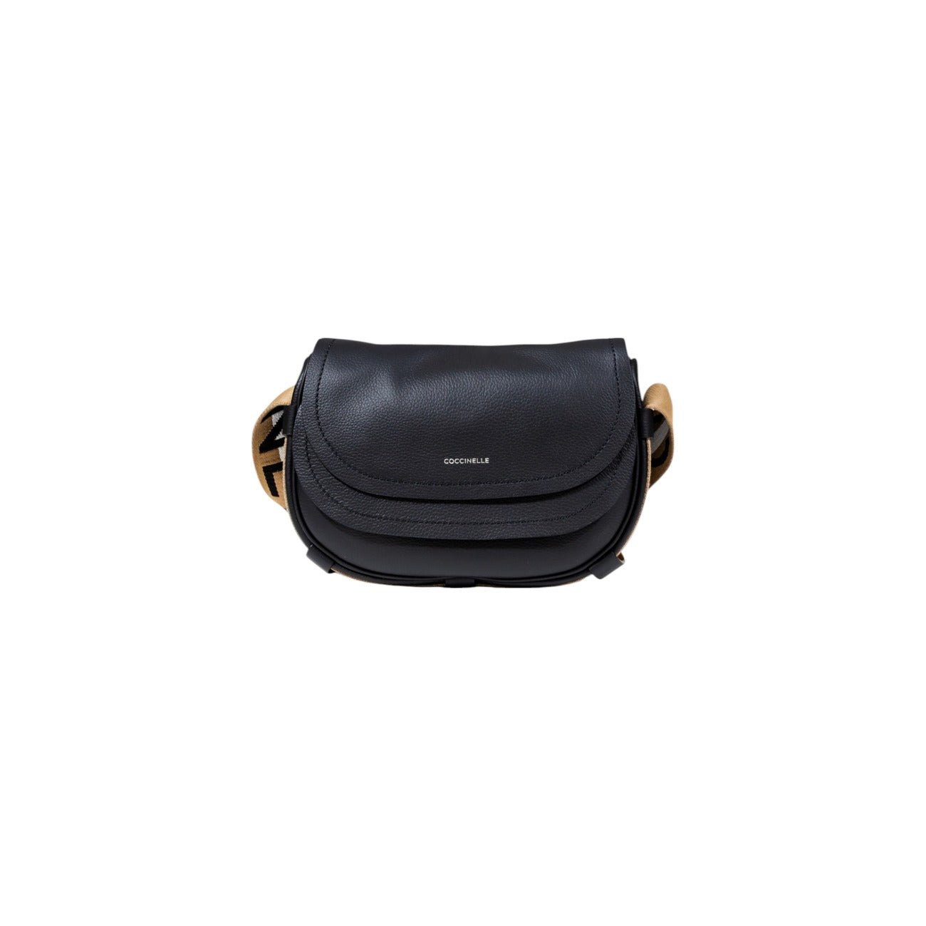 Coccinelle black leather crossbody bag with wide beige logo strap, front view.