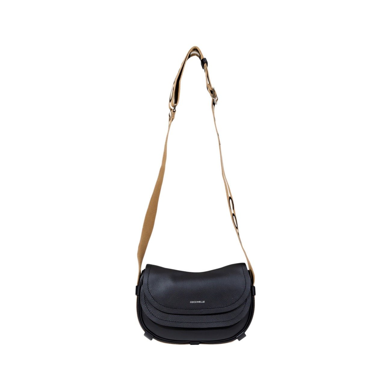 Women’s black crossbody by Coccinelle featuring curved flap, snap closure, and adjustable strap.