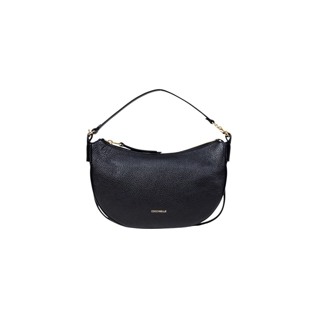 Front view of Coccinelle black handbag in leather, suitable for hand or shoulder carry.