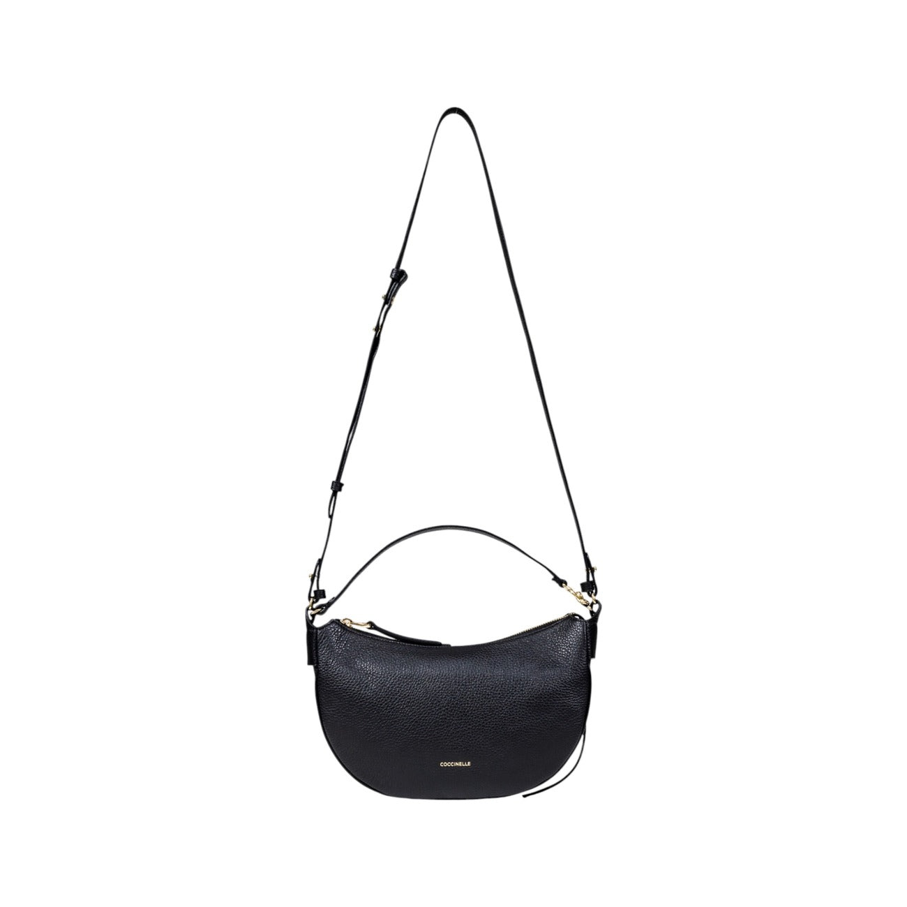 Elegant Coccinelle black handbag in leather, suitable for hand or shoulder carry.