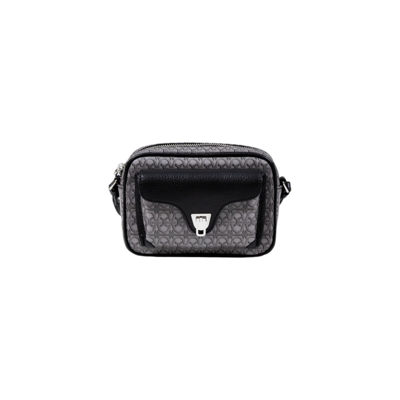Coccinelle crossbody bag in grey leather with external pockets, front view.