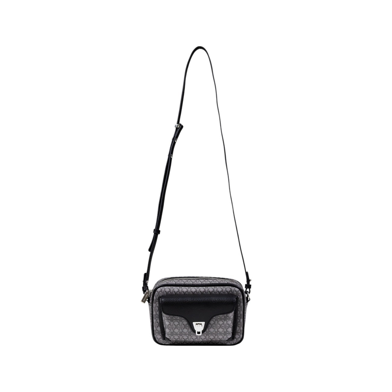 Coccinelle crossbody bag in grey leather with internal and external pockets, front view.