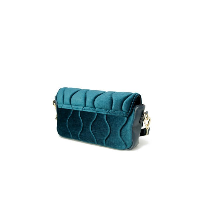 Gio Cellini turquoise handbag with eco-leather and clip closure, back view.