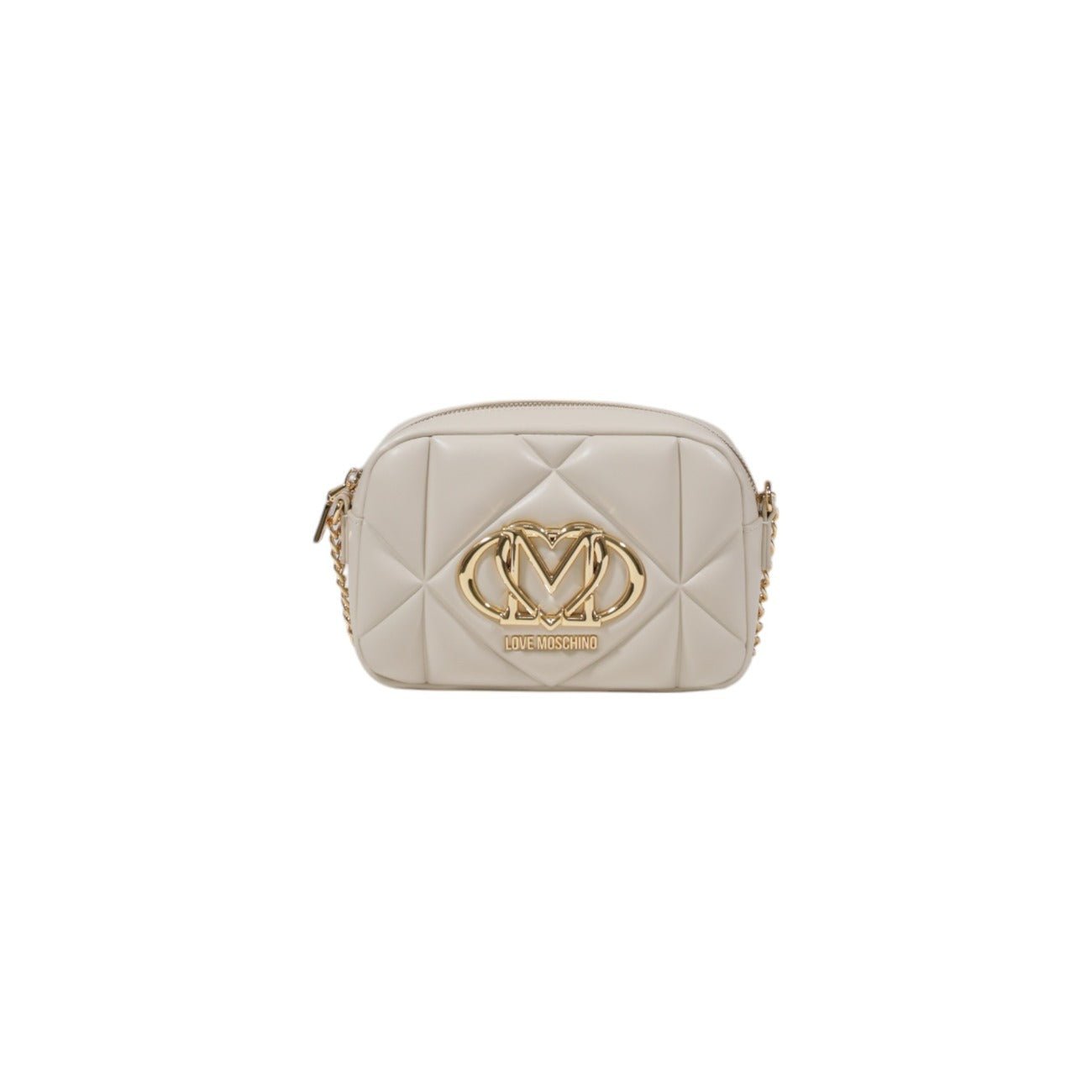 Love Moschino beige quilted handbag with gold logo detail and zipper closure.
