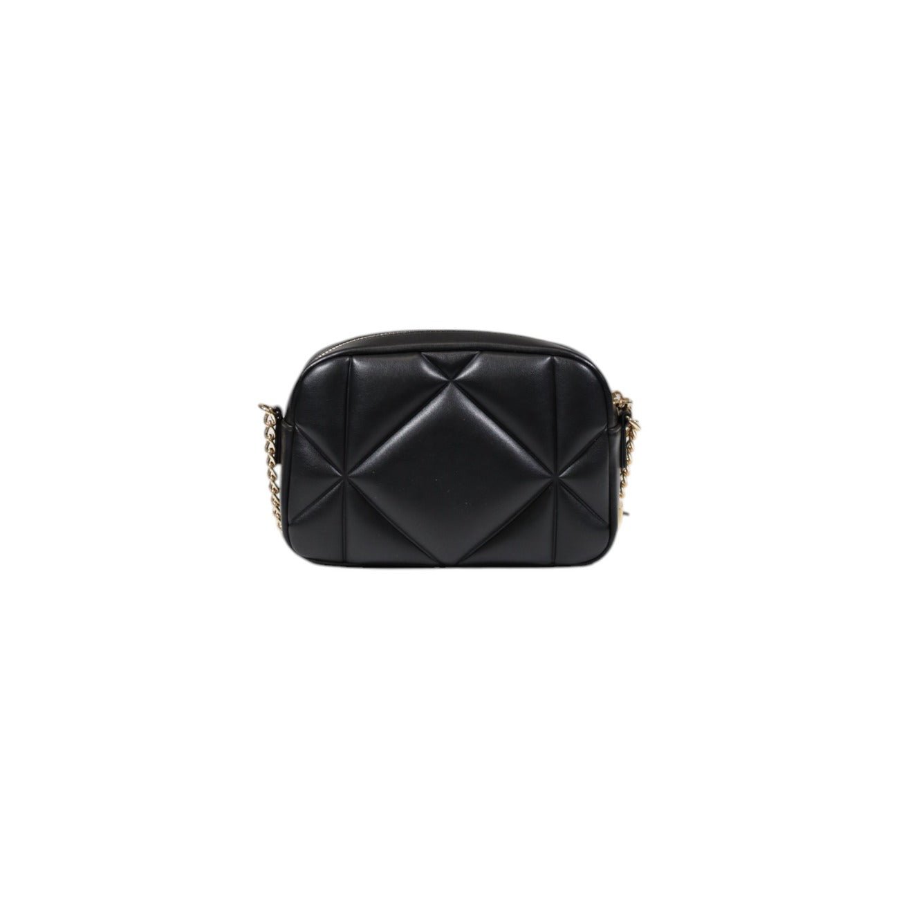 Love Moschino black quilted handbag with gold logo detail and zipper closure.