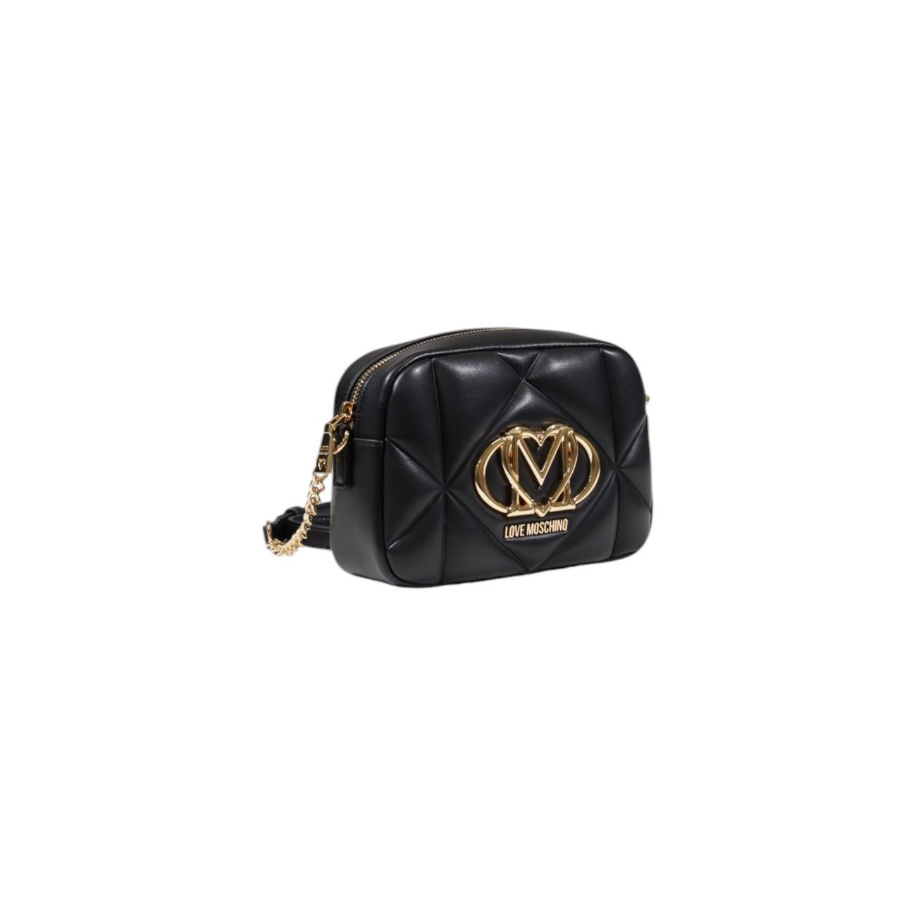 Love Moschino black quilted handbag with gold logo detail and zipper closure.