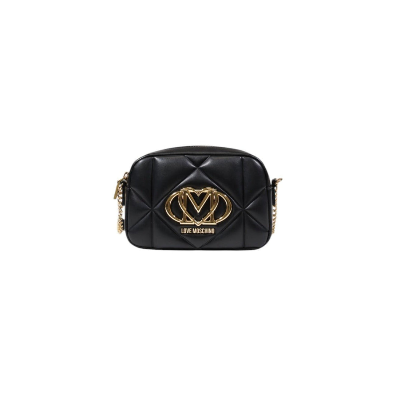 Love Moschino black quilted handbag with gold logo detail and zipper closure.