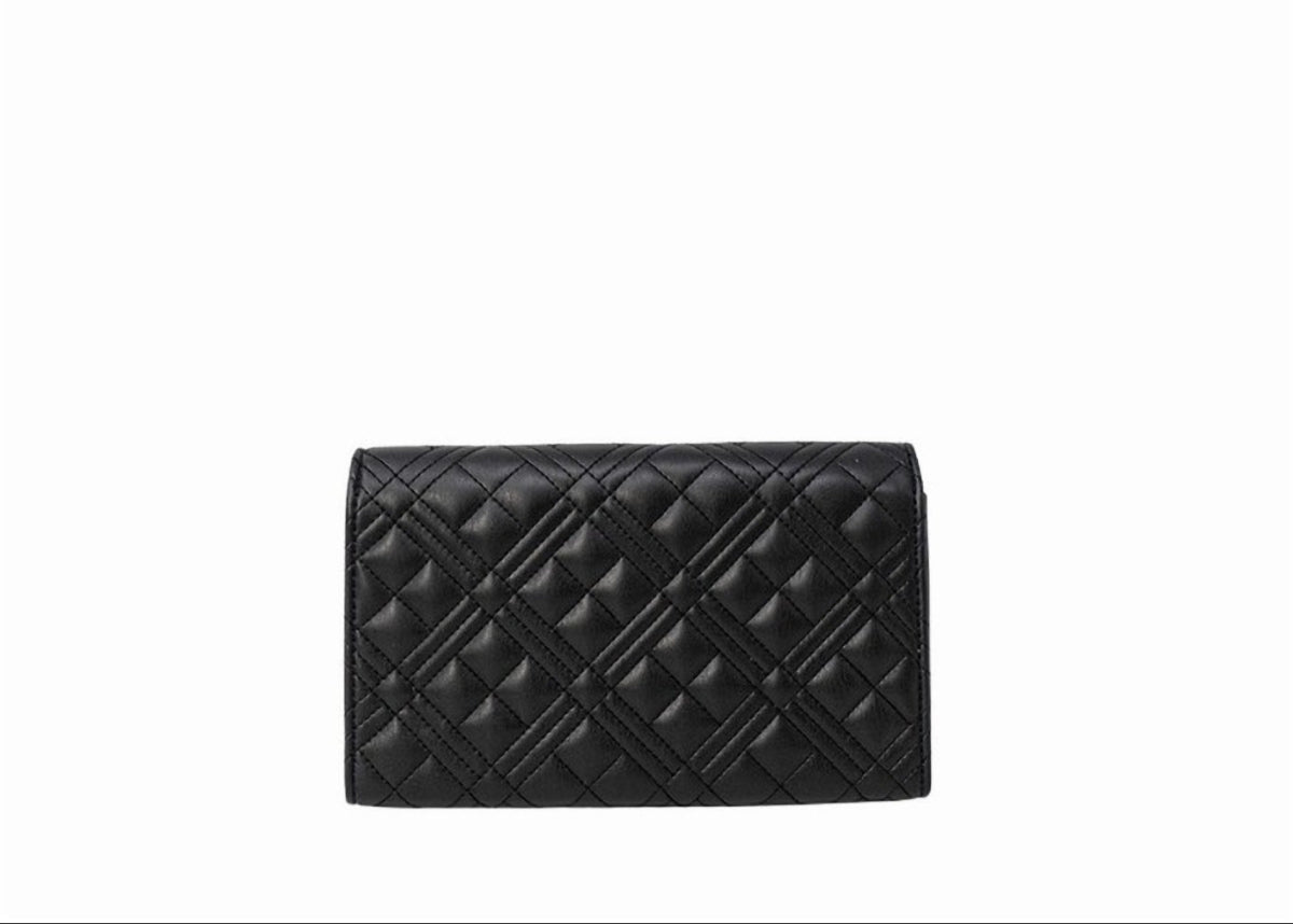 Back view of Love Moschino Mini Quilted Shoulder Bag, color black,gold logo and chain.