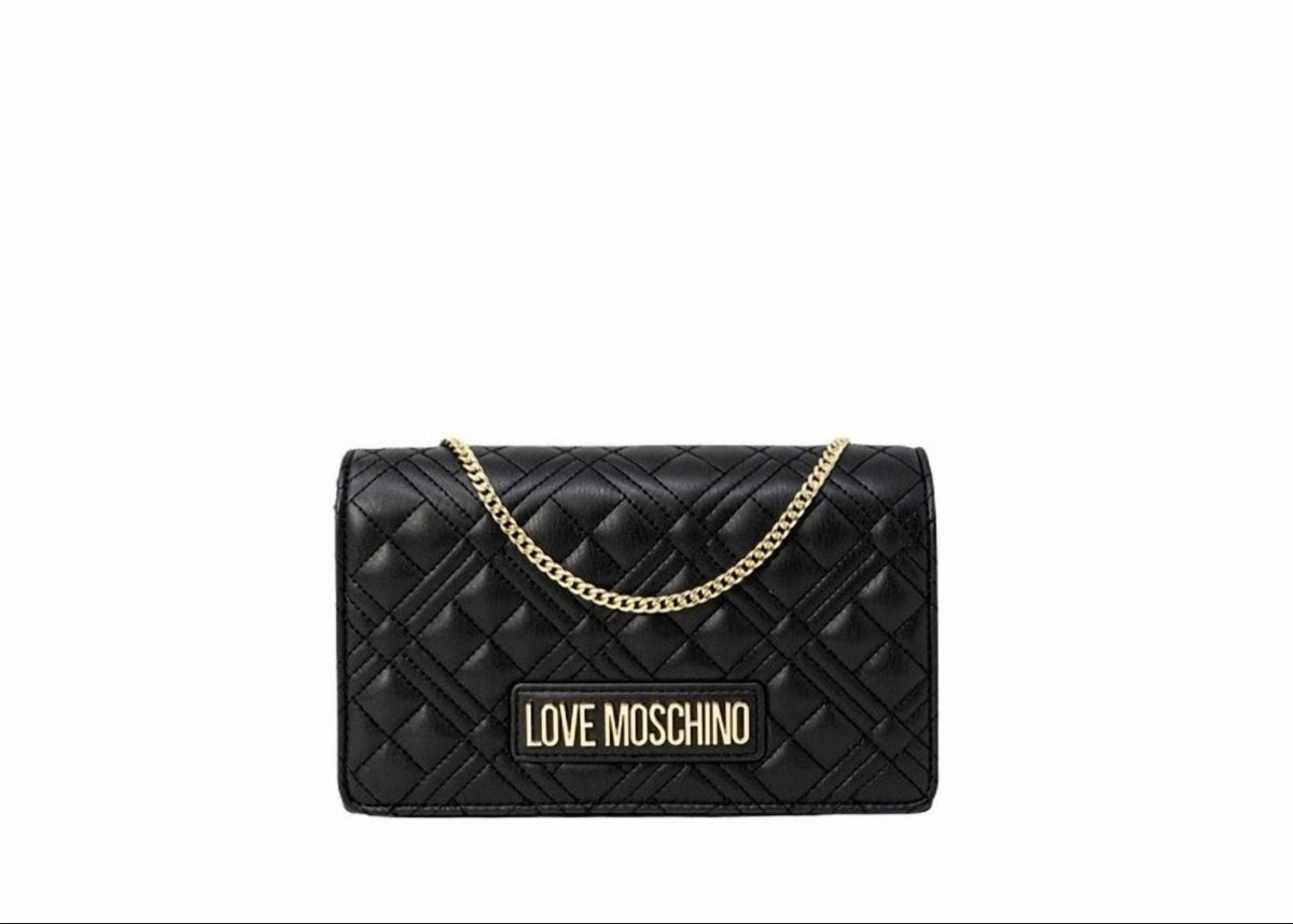 Front view of Love Moschino Mini Quilted Shoulder Bag, color black, gold logo and chain.