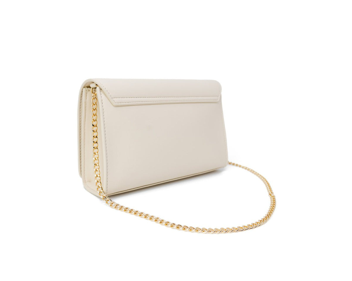 Love Moschino beige shoulder bag in faux leather with gold chain, clip closure, and bold logo detail.