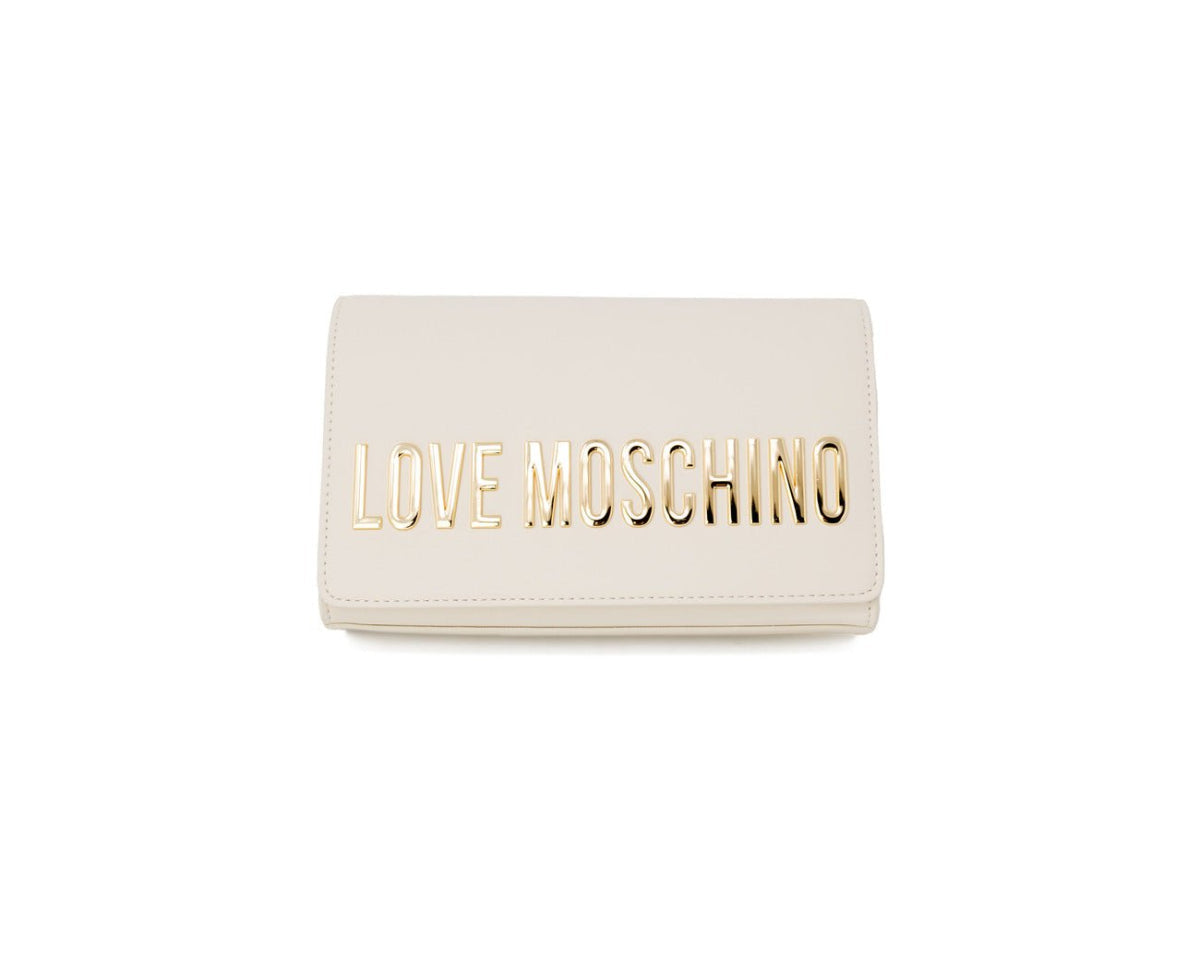 Love Moschino beige shoulder bag in faux leather with gold chain, clip closure, and bold logo detail.