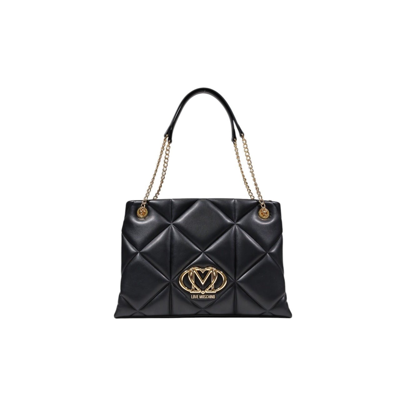 Chic quilted handbag by Love Moschino with gold logo and chain strap. Available in black or beige.