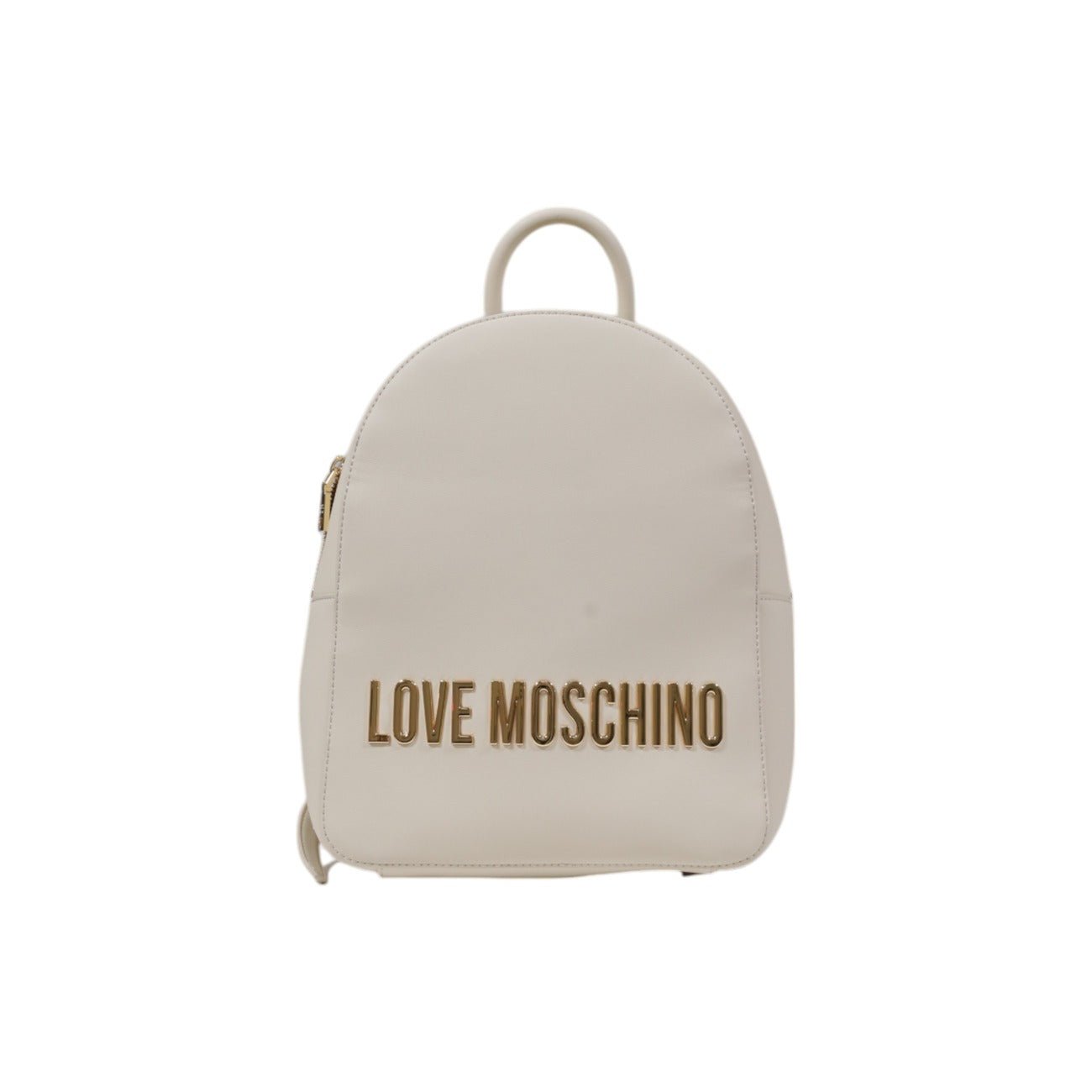 leek Love Moschino backpack with metal logo and zipper closure, available in black or beige.