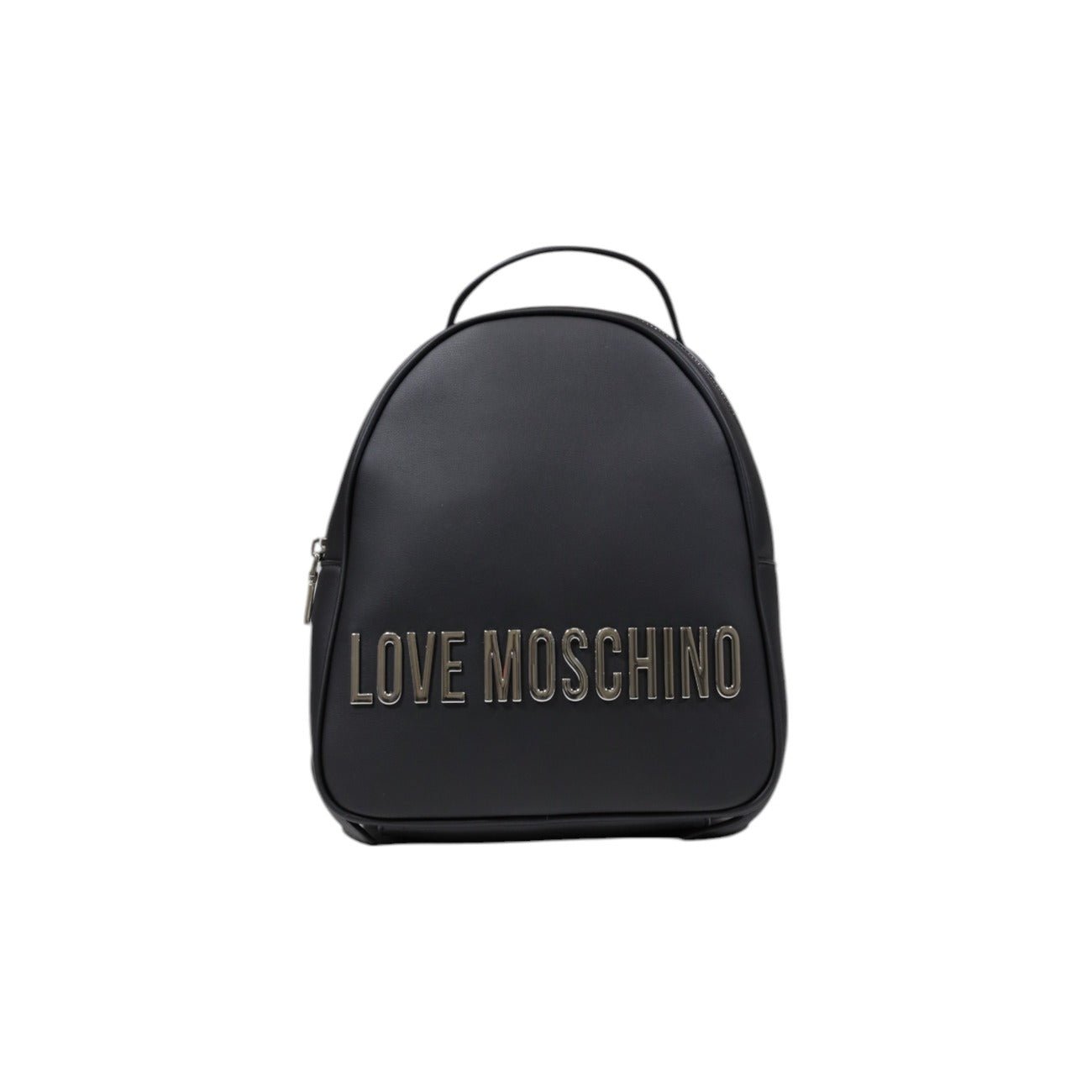 Modern and versatile Love Moschino backpack in black with a bold metallic logo. Choose between silver or gold detail.