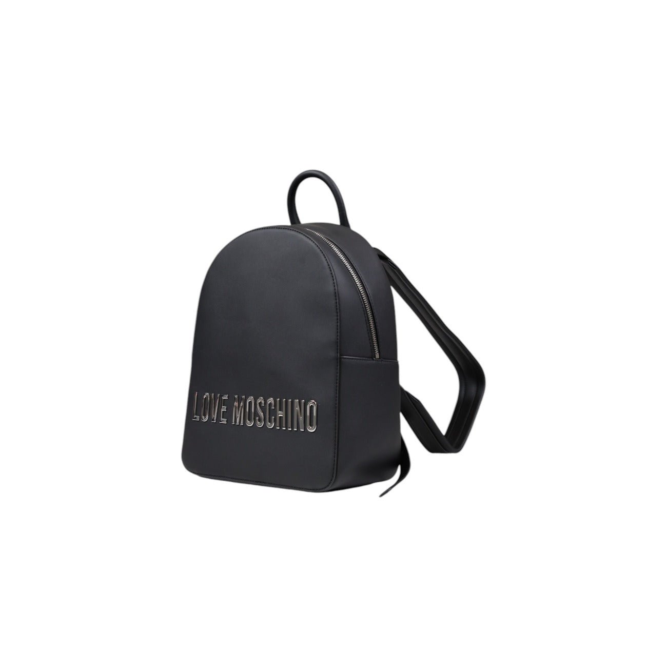 leek Love Moschino backpack with metal logo and zipper closure, available in black or beige.