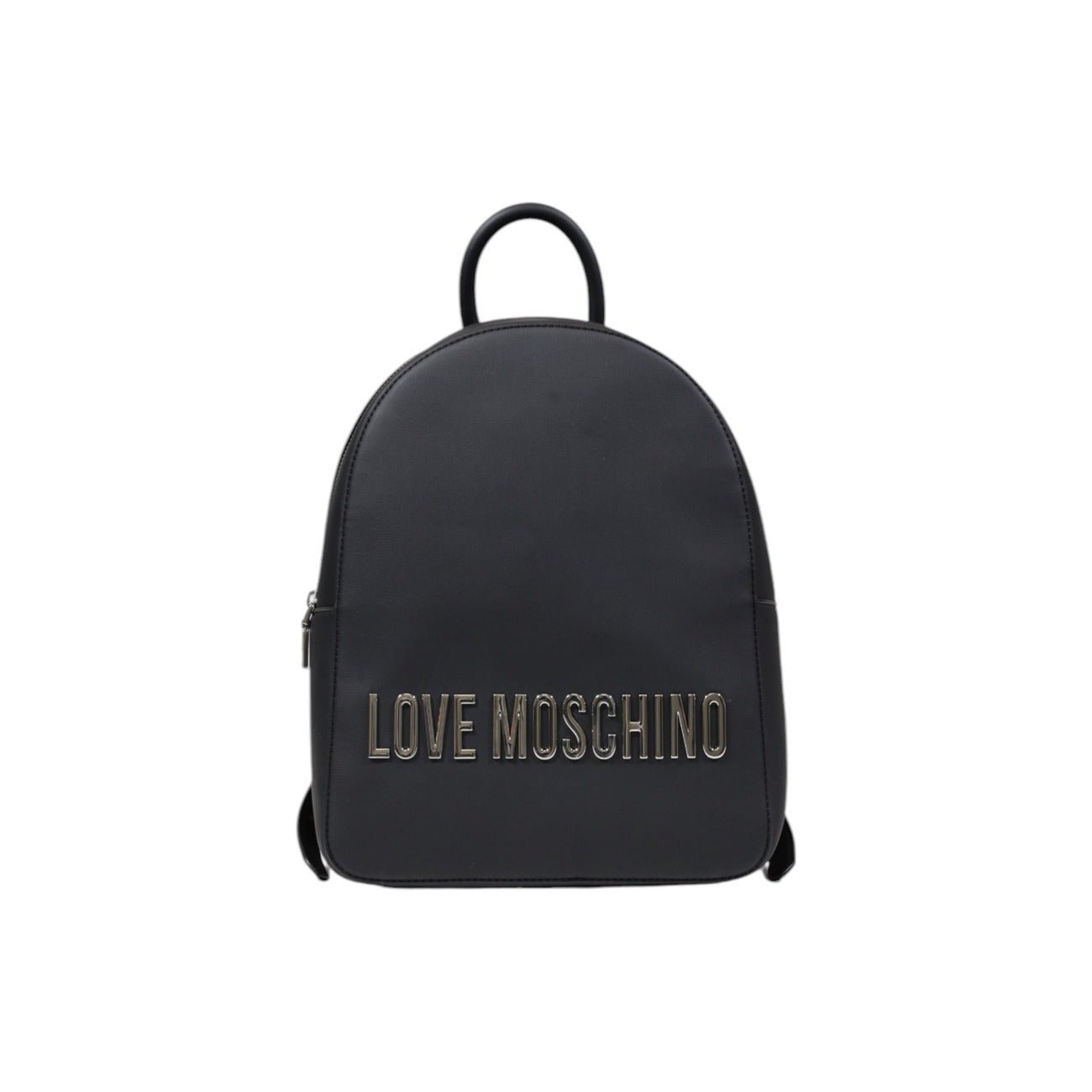 leek Love Moschino backpack with metal logo and zipper closure, available in black or beige.