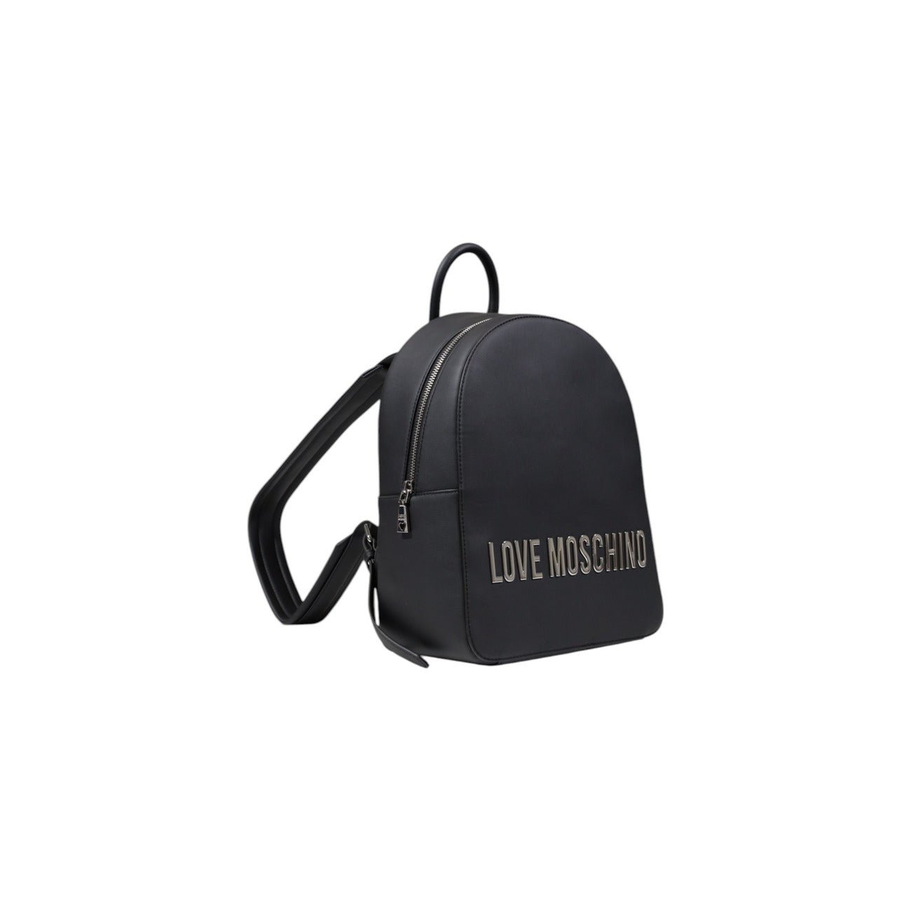 leek Love Moschino backpack with metal logo and zipper closure, available in black or beige.