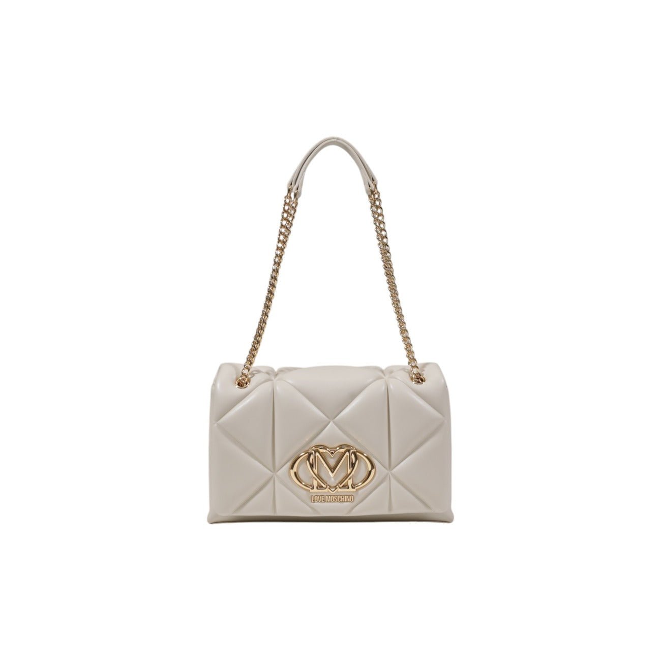 Elegant beige quilted shoulder bag by Love Moschino with gold logo and chain strap.