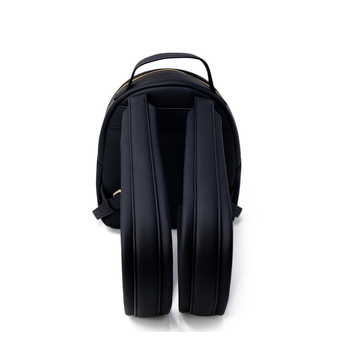 Back view of Love Moschino black backpack with gold logo and zipper closure.