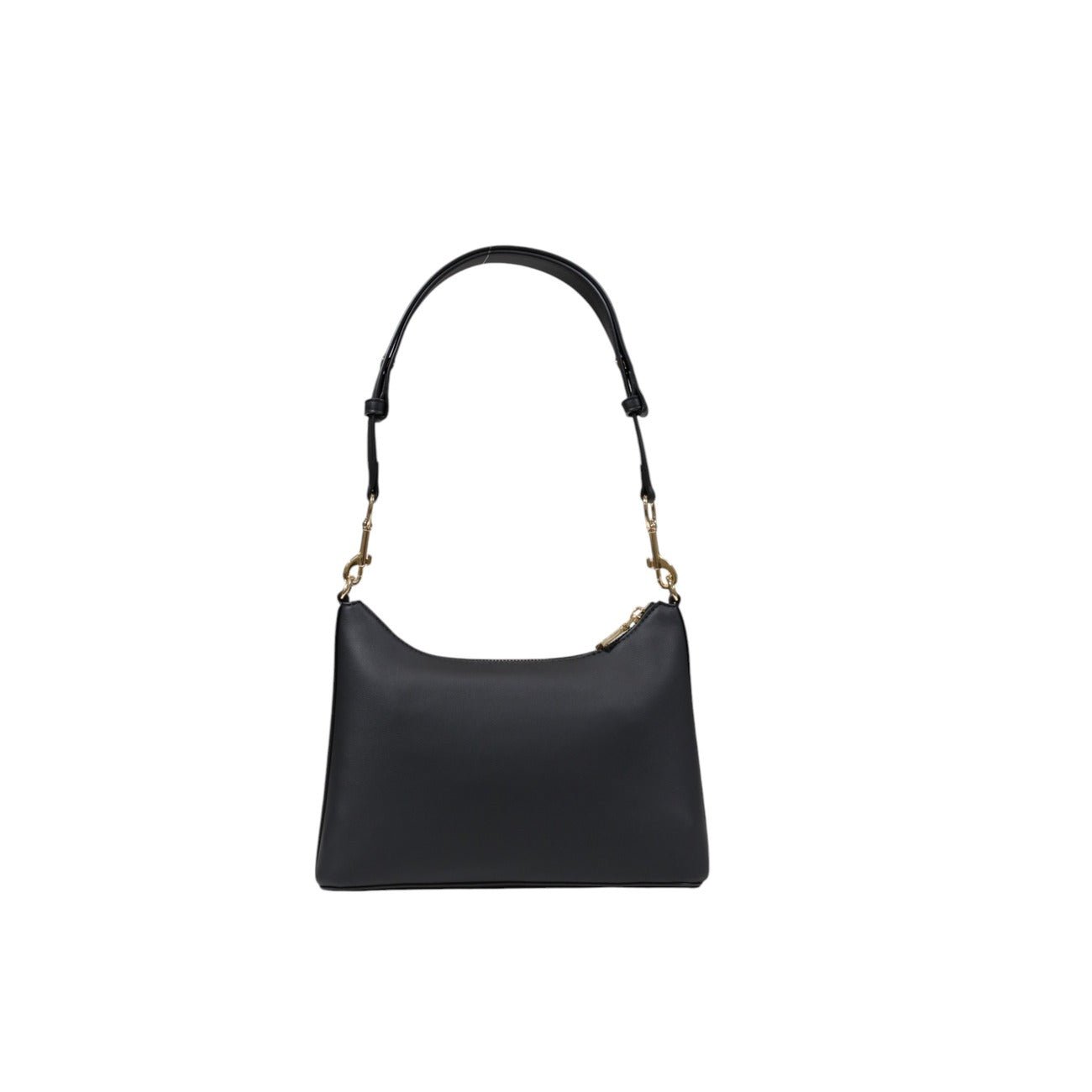 Back view of Love Moschino black crossbody bag with gold logo and adjustable strap.