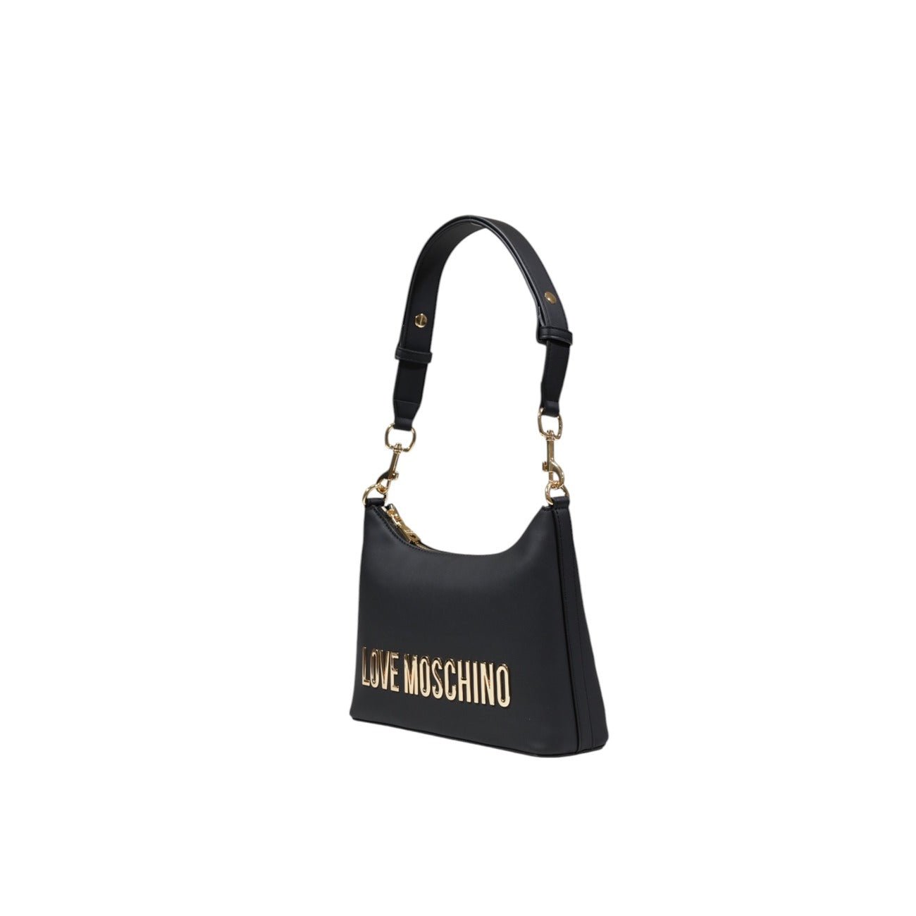 Side view of Love Moschino black crossvody bag with gold logo and adjustable strap.