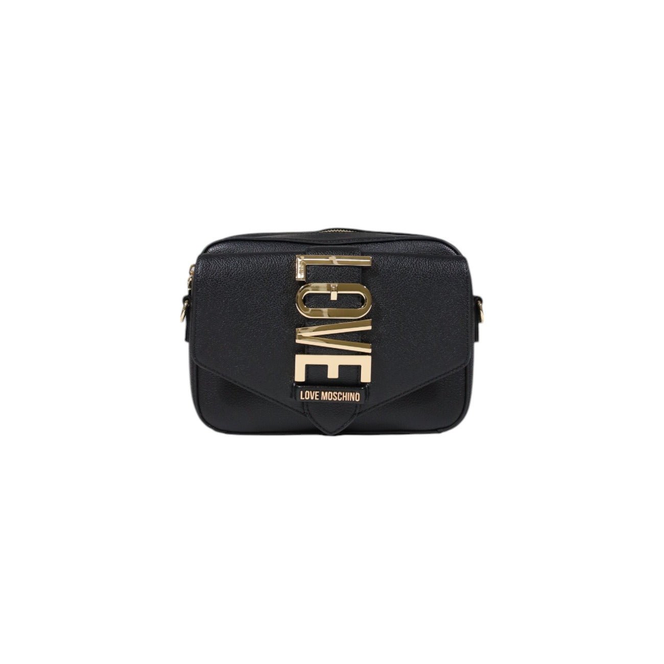 Front view of White Love Moschino crossbody bag with adjustable strap and gold "LOVE" lettering.