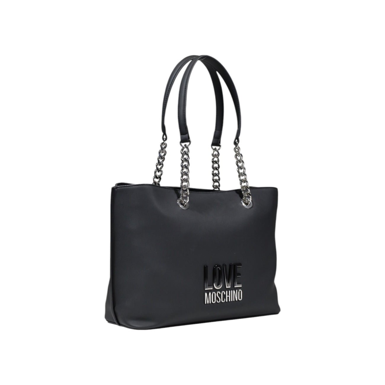 Side view of black handbag by Love Moschino with chain straps and zip closure.