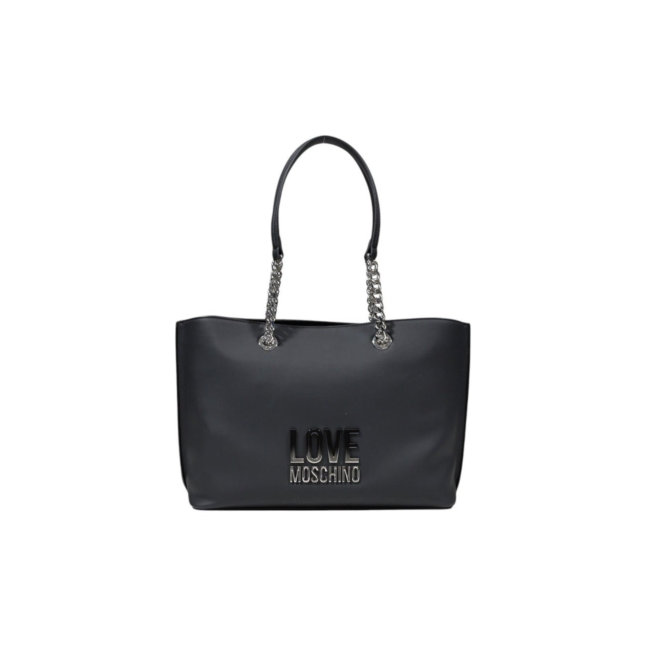 Love Moschino black handbag with silver-tone chain handles and bold logo on front.