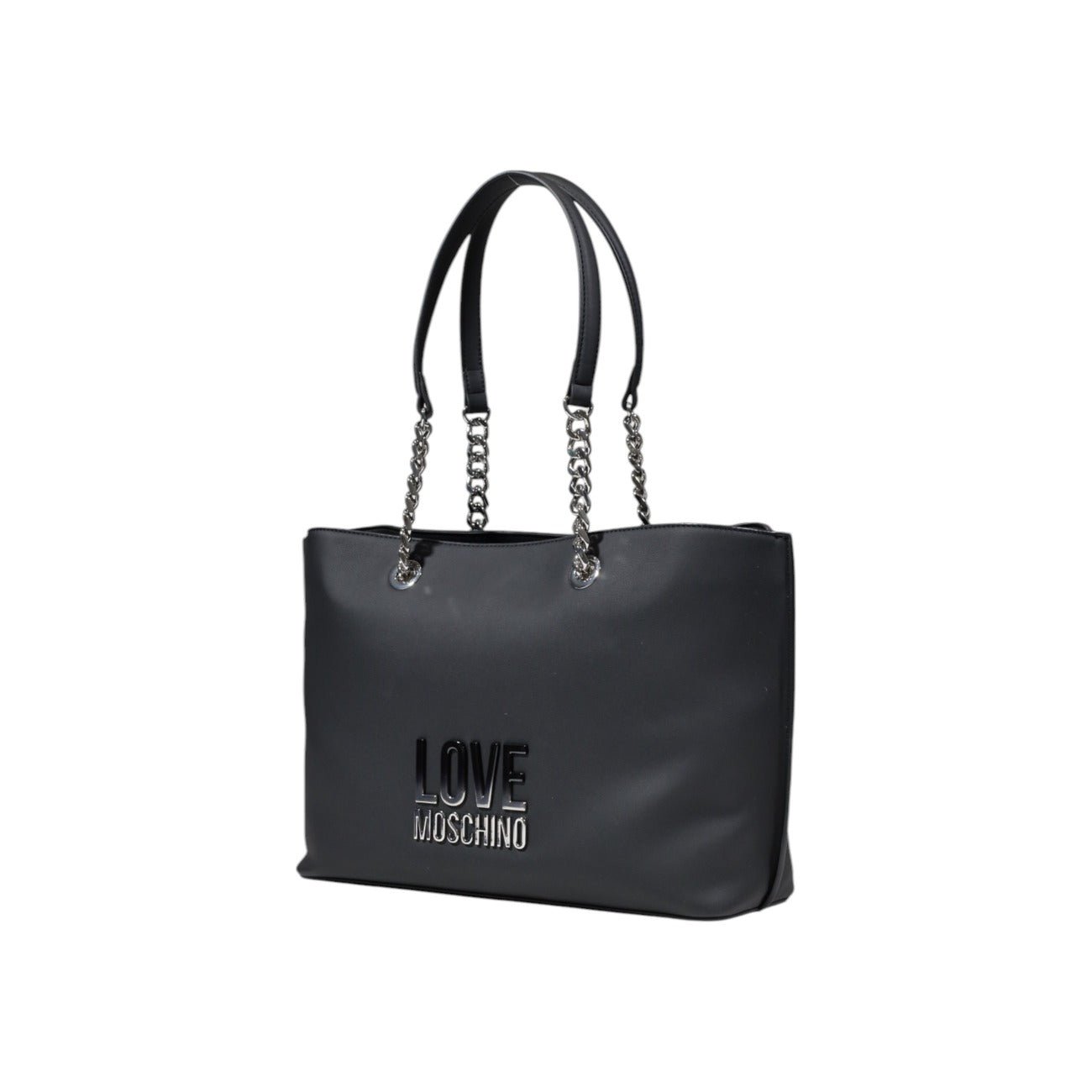 Another side view of black handbag by Love Moschino with chain straps and zip closure.