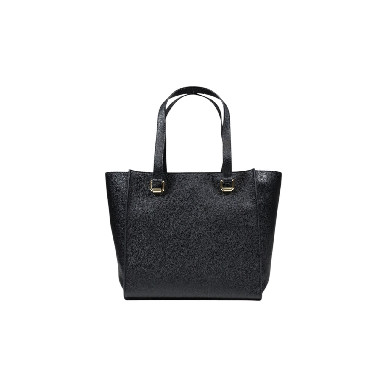 Love Moschino black handbag with gold LOVE logo and dual handles, back view.