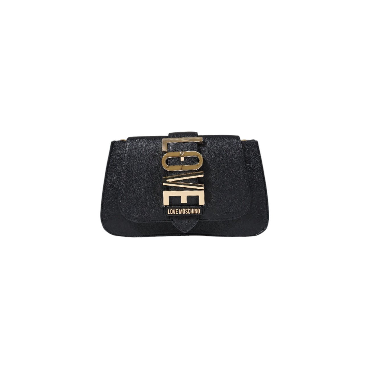 Front view of black Love Moschino handbag with gold LOVE logo and chain shoulder strap.