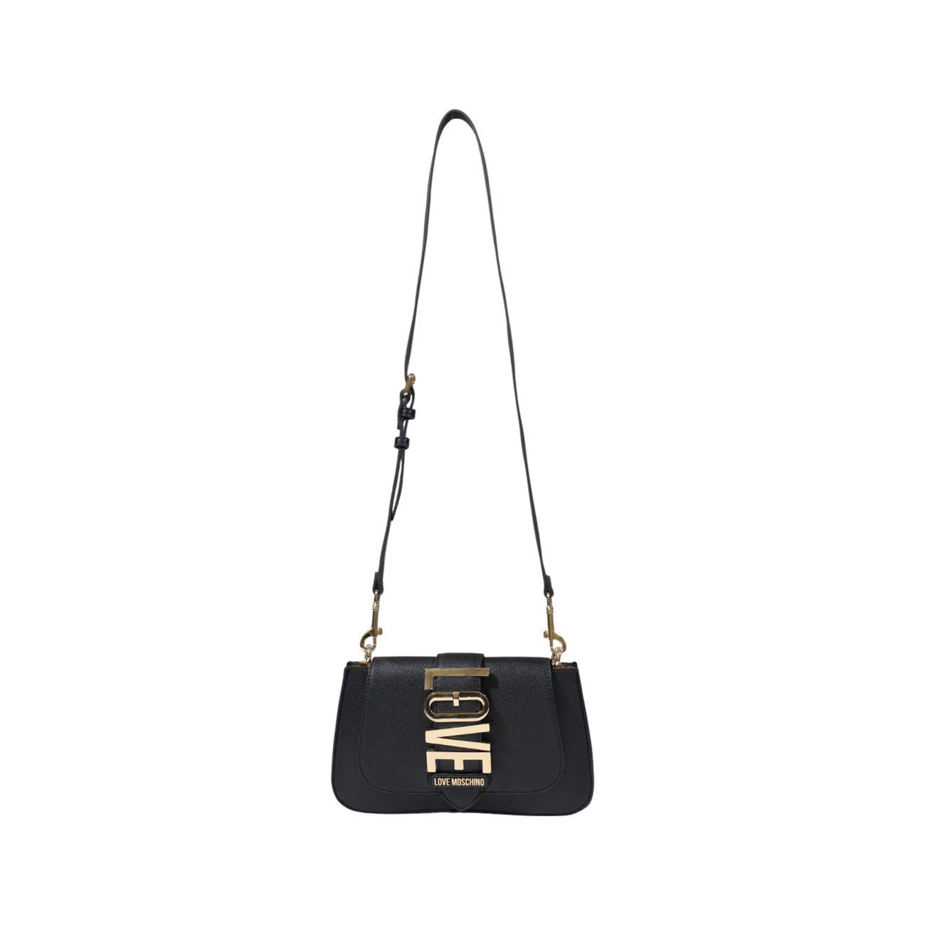 Black Love Moschino handbag with gold LOVE logo and shoulder strap.