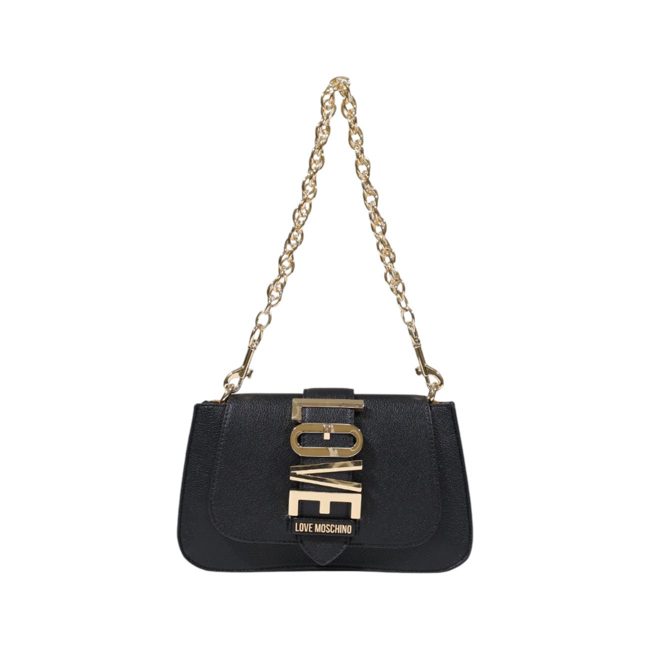 Black Love Moschino handbag with gold LOVE logo and gold chain shoulder strap.