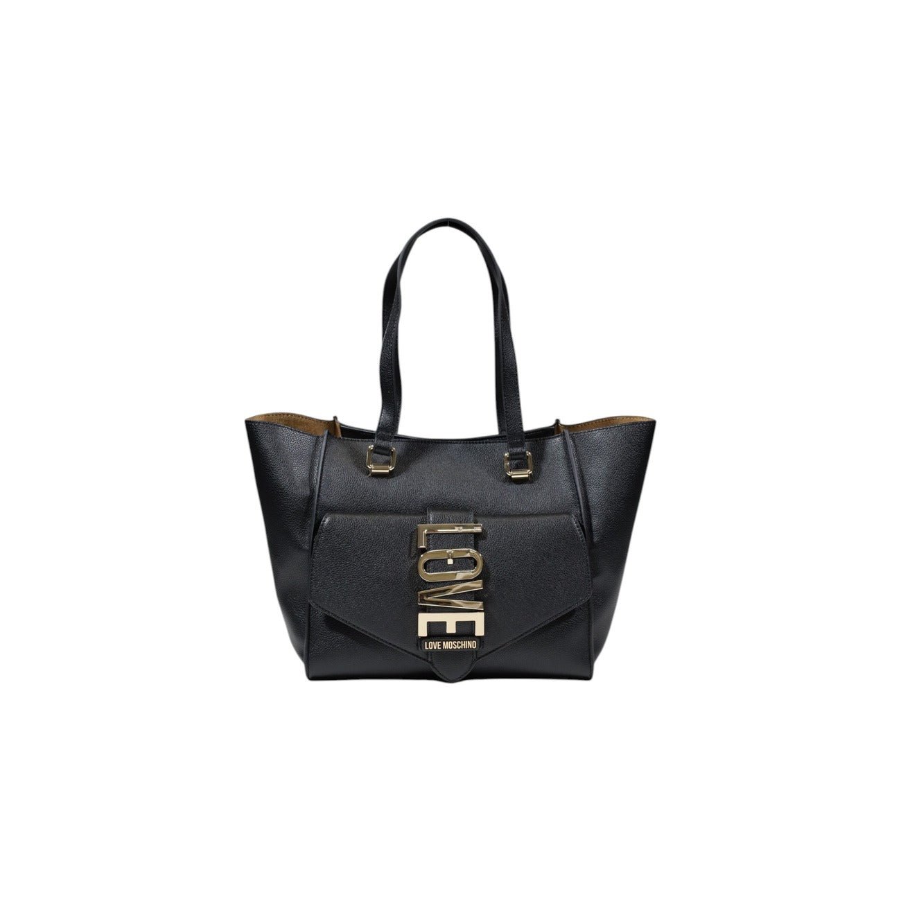 Love Moschino black handbag with gold LOVE logo and dual handles, front view.