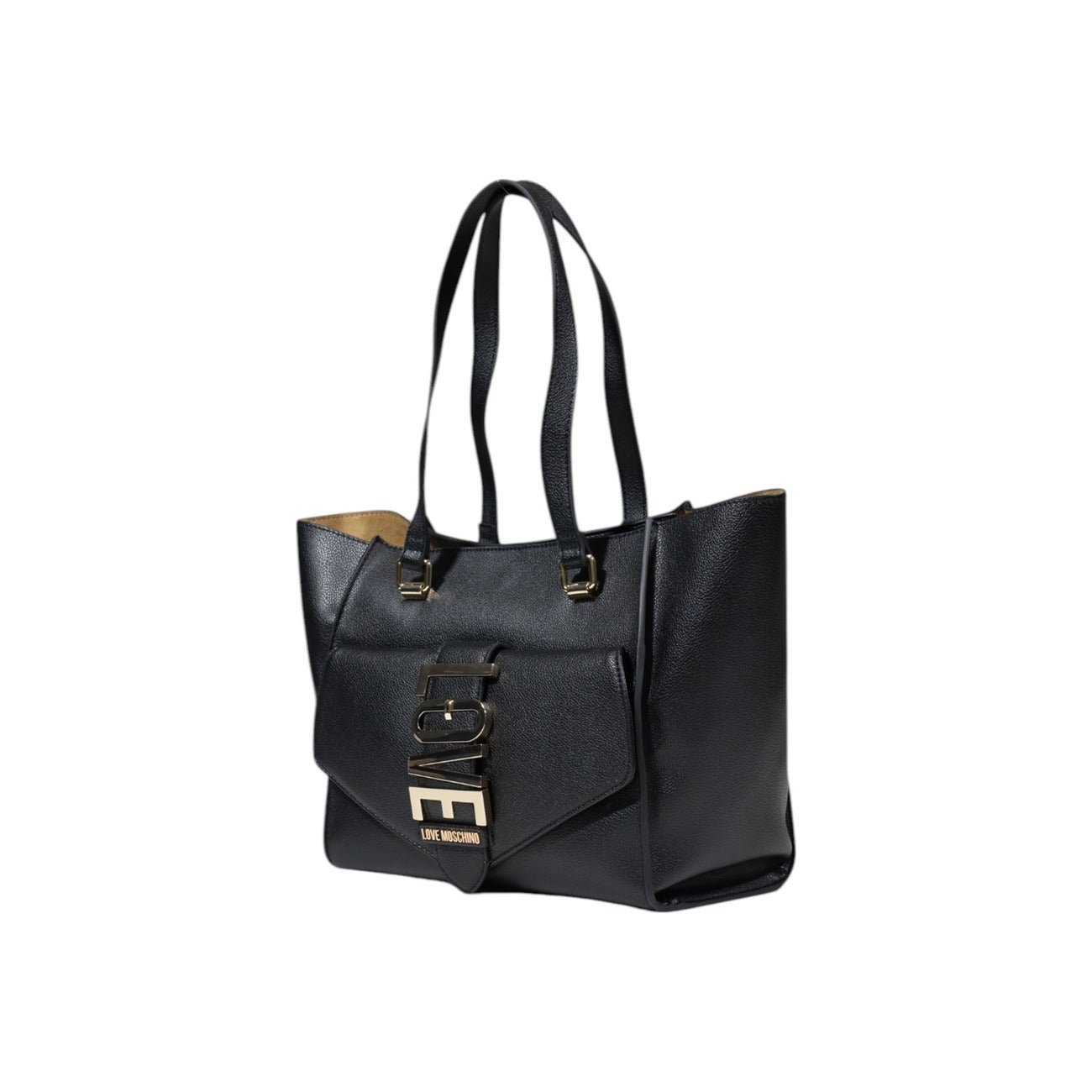Love Moschino black handbag with gold LOVE logo and dual handles, side view.